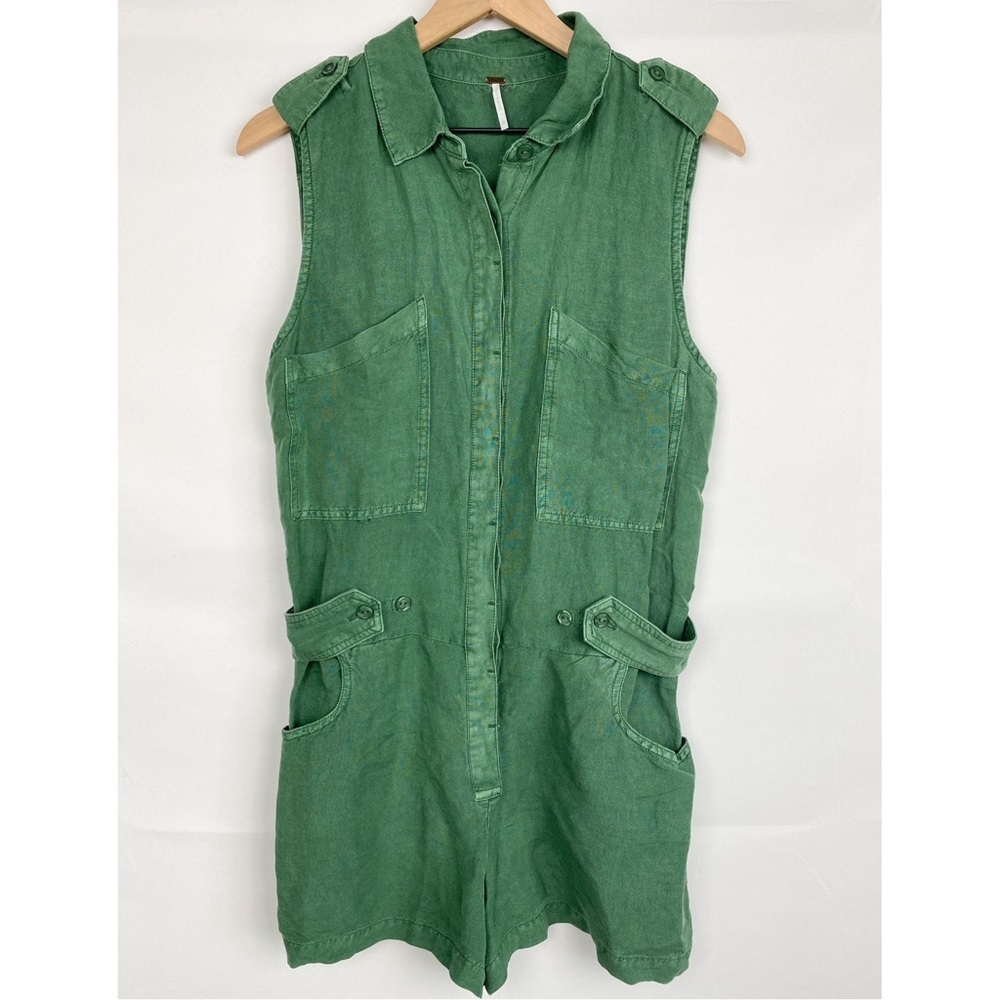 YFB Cuba Sleeveless Linen Utility Button Down Romper, Green - Size M - Picture 2 of 8